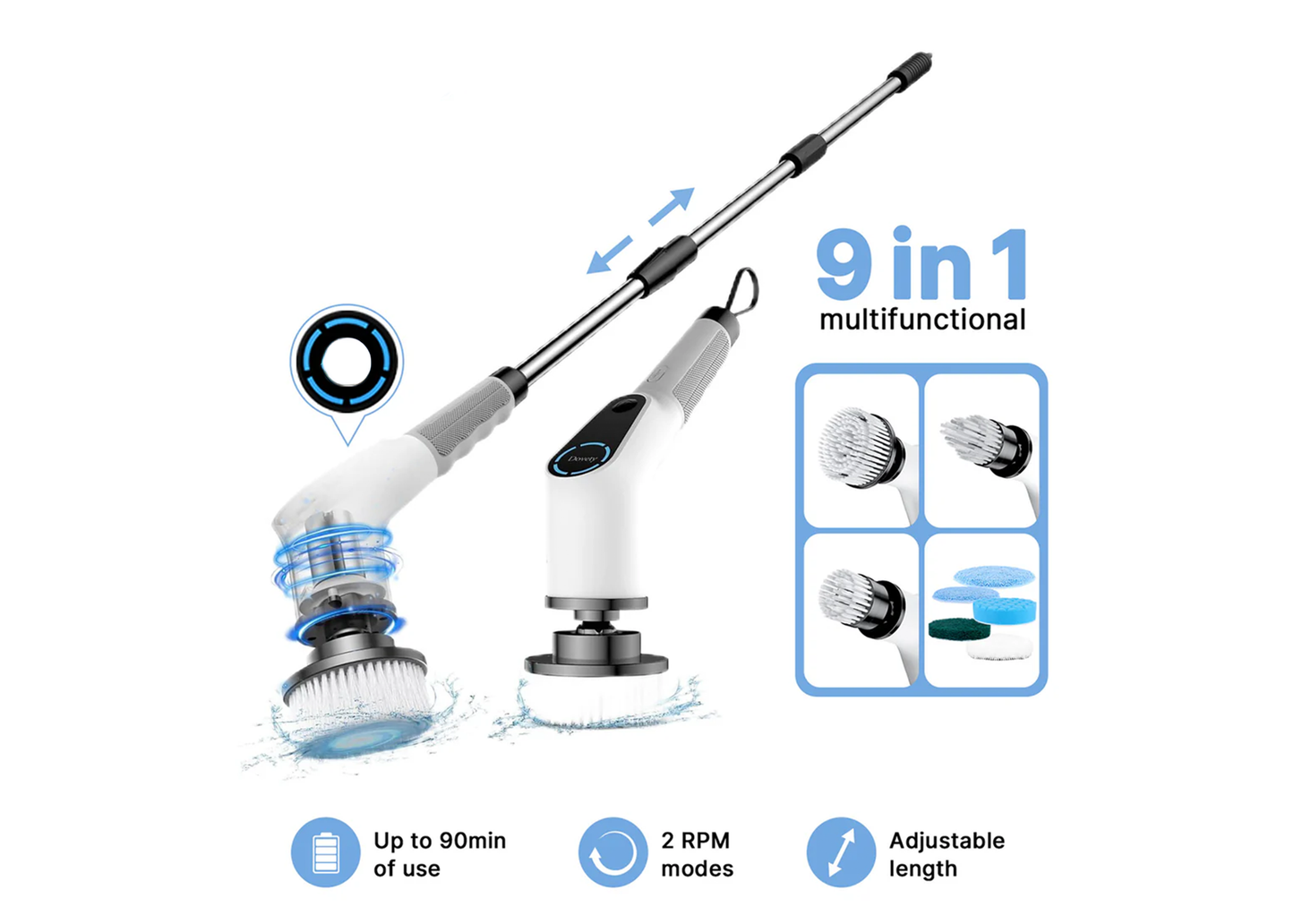 Furlo All-in-One Electric Spin Scrubber – 9-in-1 Cordless Power Scrubber with 8 Brush Heads & Extendable Handle